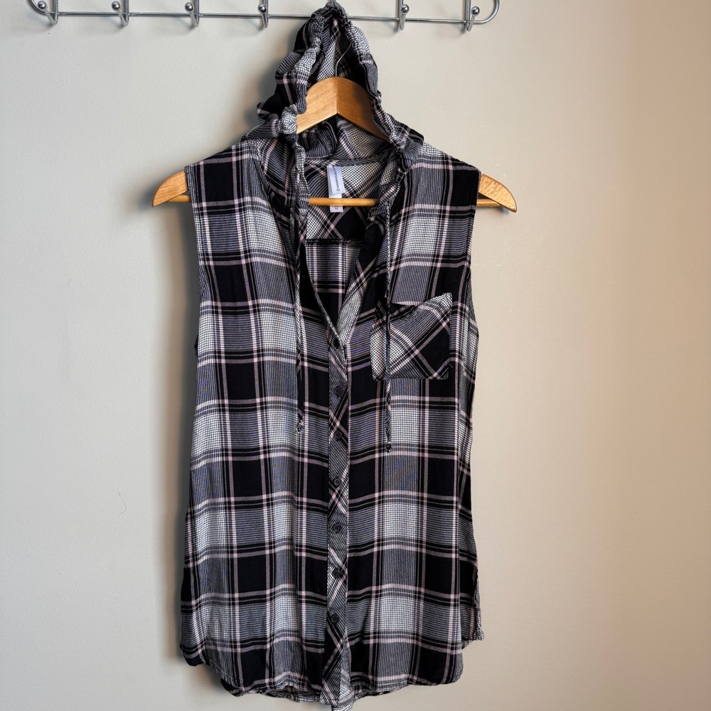 Warehouse One Sleeveless Plaid Button Down‎ Hooded Shirt Black White Pink Medium